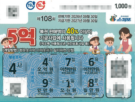 260904_스피또1000 108회 1등 당첨자 티켓_경남